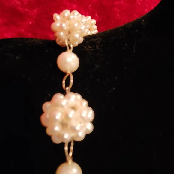 STERLING Faux Pearl Cluster Necklace and Drop Earrings Set - White